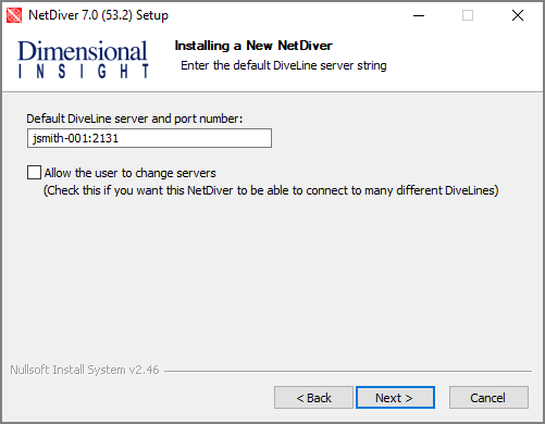 The Installing a New NetDiver window, asking for the default DiveLine server string.
